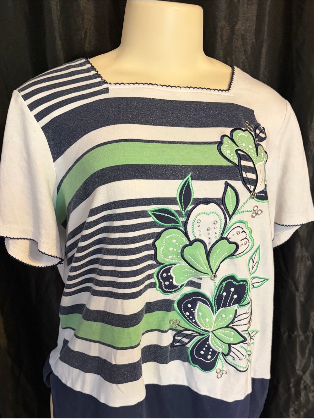 Alfred Dunner Navy, Green & White Floral Stripe Top